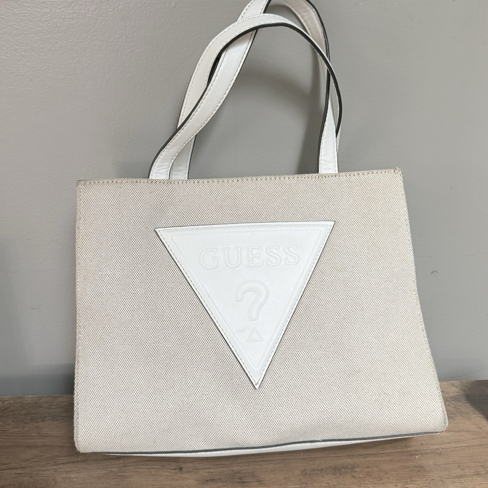 Guess PANYA Large Tote Bag White/Beige Cotton Logo Authentic